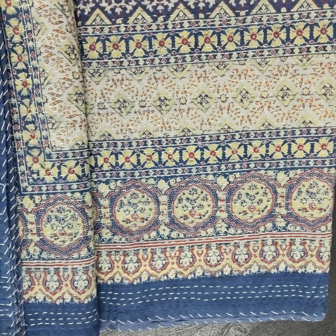 Ajrakh with Kantha Bedcover | Artisan-Made 100% Cotton Bedspread