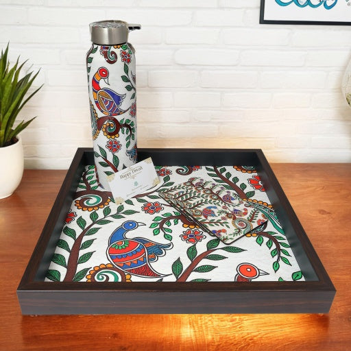 Madhubani Tray, Bottle & Coaster Gift