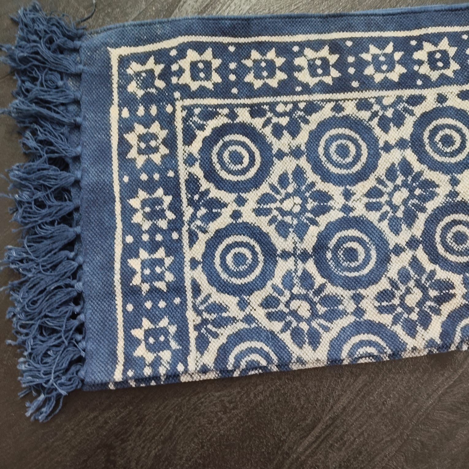 Boho Style Blue Cotton Rug with Geometric Flower Patterns| Handcrafted Cotton Area Rug for Home & Living Room Decor