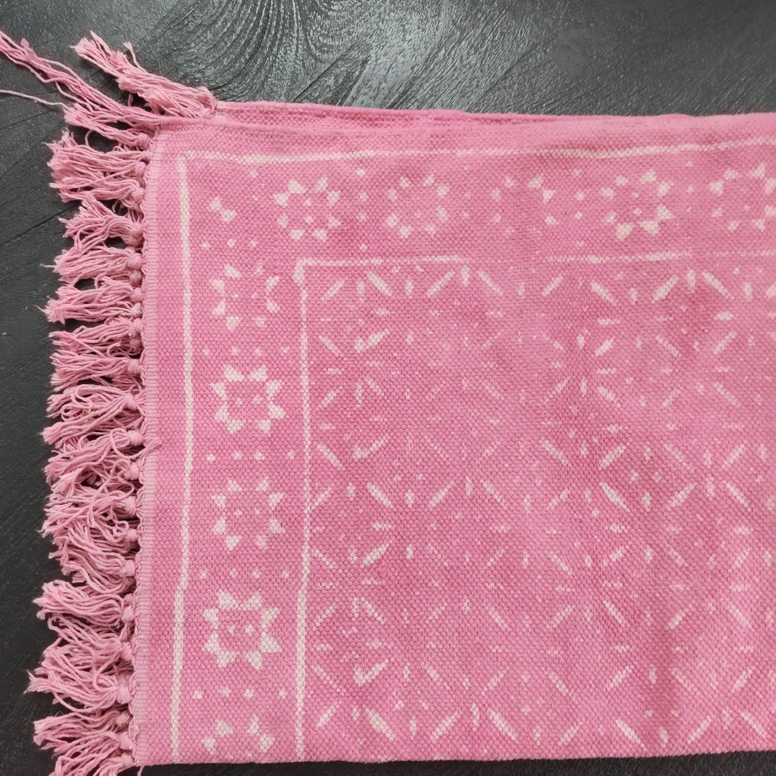 Blush Bloom Handwoven Cotton Rug – Soft Pink with Fringe Detailing