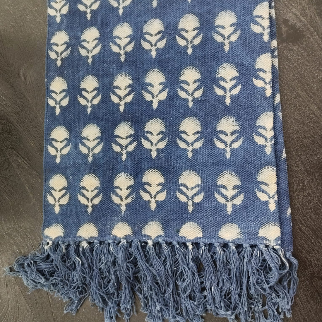 Indigo Bloom Buti Rug – Handwoven Cotton Mat with Floral Motifs