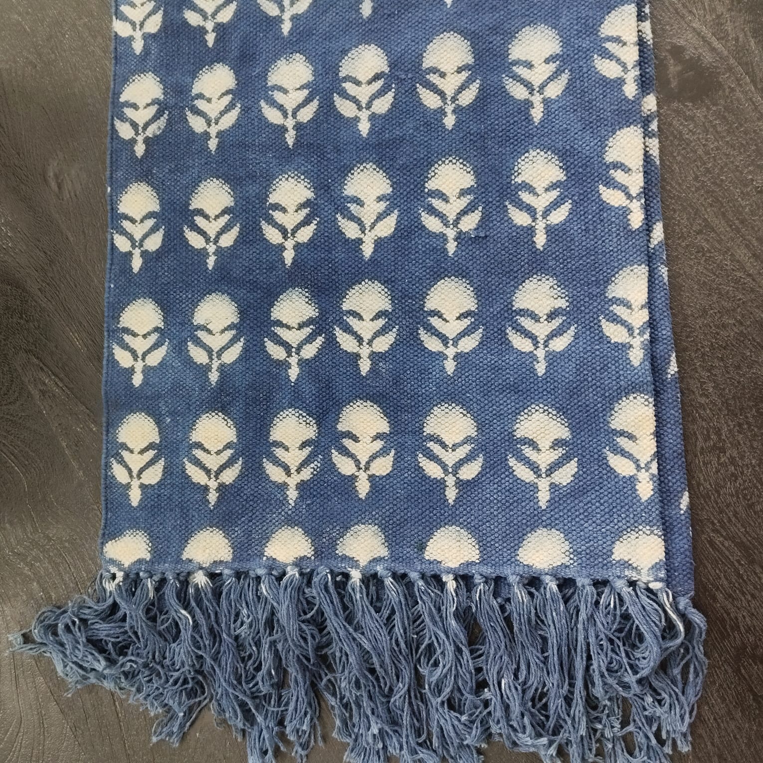 Indigo Bloom Buti Rug – Handwoven Cotton Mat with Floral Motifs