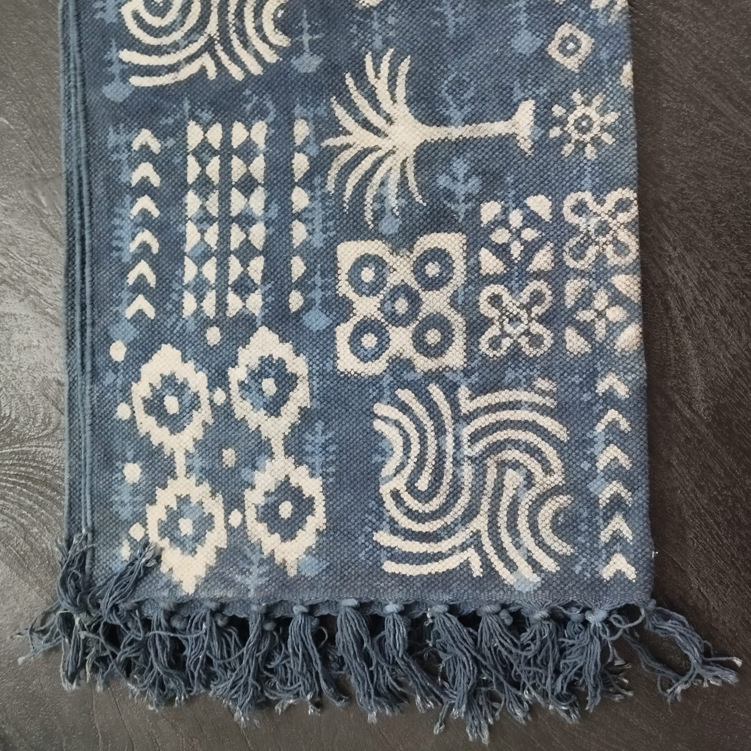 Indigo Tribal Handwoven Rug – Ethnic Motif Cotton rug with Fringe