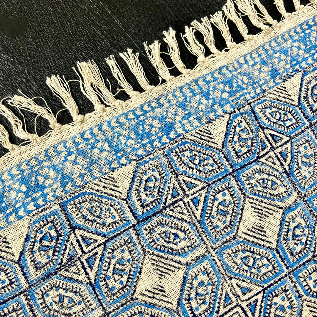 Handcrafted Indigo Blue Geometric Pattern Cotton Throw – Boho Ethnic Style with Tassels | Perfect for Living Room and Bedroom Decor