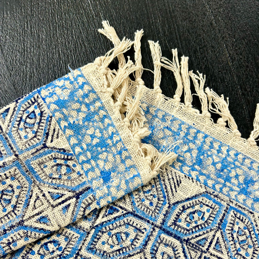 Handcrafted Indigo Blue Geometric Pattern Cotton Throw – Boho Ethnic Style with Tassels | Perfect for Living Room and Bedroom Decor