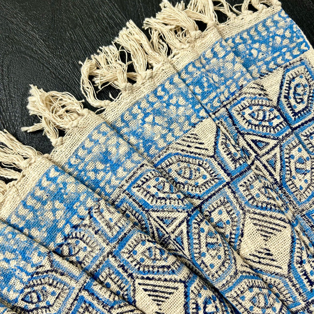 Handcrafted Indigo Blue Geometric Pattern Cotton Throw – Boho Ethnic Style with Tassels | Perfect for Living Room and Bedroom Decor